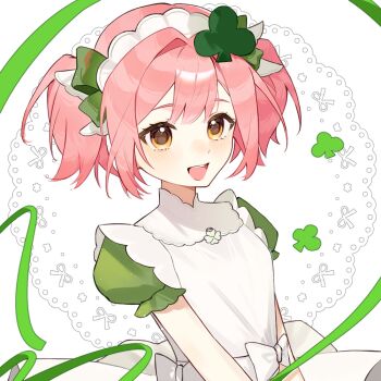 1girl amulet_clover apron bow chinese_commentary club_hair_ornament collar commentary_request detached_collar dot_nose dress eyelashes frilled_sleeves frills green_bow green_dress green_ribbon hair_bow hands_on_lap happy hinamori_amu humpty_lock_(shugo_chara!) lace_background light_blush light_particles magical_girl maid maid_headdress open_mouth pink_hair puffy_short_sleeves puffy_sleeves ribbon riliing short_hair short_sleeves short_twintails shugo_chara! smile solo teeth twintails upper_body upper_teeth_only waist_bow white_apron white_background white_bow white_collar yellow_eyes