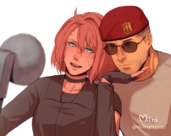 1boy 1girl :d beret black_gloves black_shirt blue_eyes brown_hair buzz_cut camera closed_mouth collared_shirt commentary courier_(fallout:_new_vegas) craig_boone dress_shirt english_commentary fallout fallout:_new_vegas fingerless_gloves freckles gloves grey_shirt hair_between_eyes hand_up hat milramemo noelle_rutherford open_mouth red_hat shirt short_hair signature simple_background smile sunglasses twitter_username very_short_hair white_background