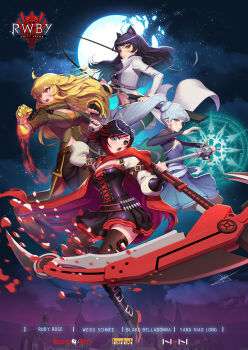 4girls ahoge animal_ears black_corset black_dress black_gloves black_hair black_shirt blake_belladonna blonde_hair blue_dress blue_eyes blush broken_moon brown_jacket brown_pants bullet cape cat_ears cat_girl character_name closed_mouth cloud copyright_logo copyright_name corset crescent_rose dress earrings ember_celica_(rwby) fingerless_gloves gambol_shroud gloves gradient_hair grey_eyes highres holding holding_scythe holding_sword holding_weapon jacket jewelry logo long_hair mechanical_arms midriff moon multicolored_hair multiple_girls myrtenaster navel night night_sky official_art open_mouth orange_shirt pants petals ponytail prosthesis prosthetic_arm rapier red_cape red_eyes red_hair rose_petals ruby_rose rwby scythe shirt short_hair signature single_glove single_mechanical_arm sky star_(sky) sword teeth upper_teeth_only uyalago weapon weiss_schnee white_hair white_jacket yang_xiao_long yellow_eyes zipper