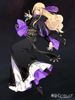 1girl alpaca_connect black_background black_boots black_capelet black_dress black_sash blonde_hair boots capelet chain_belt closed_mouth copyright_name diamond-shaped_earrings dress earrings frilled_dress frills from_side full_body gold_earrings gold_necklace gold_trim hair_between_eyes head_chain high_heel_boots high_heels holding holding_jewelry holding_necklace hood hood_down hooded_capelet jewelry l_(matador) layered_dress long_dress long_hair long_sleeves looking_at_viewer looking_to_the_side necklace pointy_ears puff_and_slash_sleeves puffy_sleeves purple_capelet purple_veil sash smile solo two-sided_capelet two-sided_dress two-sided_fabric veil