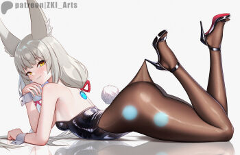 animal_ear_fluff animal_ears ass bare_shoulders black_leotard black_pantyhose breasts commentary fake_tail from_side full_body grey_background grey_hair lace lace_pantyhose lace_pantyhose_hooked_on_heel_(meme) leotard long_hair lying meme nia_(blade)_(xenoblade) nia_(xenoblade) on_stomach pantyhose playboy_bunny rabbit_tail reflection simple_background small_breasts strapless strapless_leotard tail white_wrist_cuffs wrist_cuffs xenoblade_chronicles_(series) xenoblade_chronicles_2 yellow_eyes z-ki