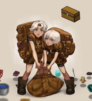 2others backpack bag belt black_shorts boots brown_bag brown_boots brown_eyes brown_headband brown_shirt brown_shorts bucket bucket_of_water commentary ender_pearl english_commentary explosive flipped_hair full_body headband highres lifting_object looking_at_viewer minecraft multiple_others object_and_personification parted_hair parted_lips personification polearm shirt short_hair shorts siblings signature simple_background tnt tnt_block_(minecraft) totem_of_undying trident twins unatalmeh weapon white_hair