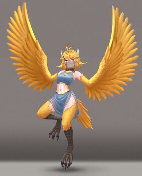 1girl absurdres adversarial_noise antenna_hair bare_shoulders blonde_hair breasts cipher4109 cleavage cleavage_cutout clothing_cutout crop_top dokibird fang fang_out feather_hair feather_hair_ornament feathers full_body green_eyes hair_ornament harpy highres indie_virtual_youtuber medium_breasts midriff monster_girl monsterification mouth_veil navel short_hair skirt sleeveless smile solo spread_wings talons thick_thighs thighs veil virtual_youtuber winged_arms wings