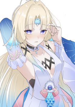 1girl absurdres blonde_hair blue_eyes breasts commentary_request dress forehead_jewel gaohuang43450 highres honkai:_star_rail honkai_(series) joints large_breasts long_hair looking_at_viewer pearl_(honkai:_star_rail) robot_girl robot_joints simple_background solo very_long_hair white_background white_dress