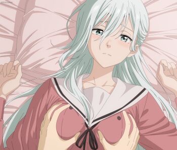 Rule 34 | 1boy, 1girl, absurdres, grabbing another's breast, grey eyes, grey hair, groping, highres, hoshina subaru, kaoru hana wa rin to saku, long hair, looking at viewer, lying, on back, on bed, pillow, pov, pov hands, rikka (rikkaarts), sailor collar, school uniform, upper body, white sailor collar