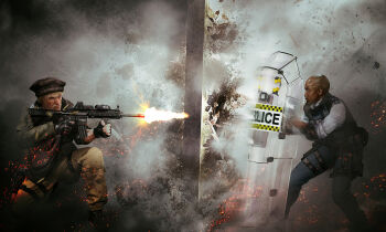 1boy 1girl aiming ammunition ammunition_pouch arman_akopian armor assault_rifle bald bald_female battle battle_damage black_armor black_boots black_gloves black_shoes blonde_facial_hair blonde_hair blue_eyes blue_pants boots breaking_through_wall brown_eyes brown_hat brown_pants brown_scarf cargo_pants clash_(rainbow_six_siege) collared_shirt combat_boots commentary dark-skinned_male dark_skin dress_pants dress_shirt duel elbow_pads embers english_commentary eotech facial_hair finger_on_trigger fingerless_gloves firing foregrip frown furrowed_brow gloves green_jacket gun h&amp;k_hk416 hat highres holding holding_gun holding_shield holding_weapon holster jacket key_visual laser_sight legs_apart long_sleeves looking_at_another magazine_(weapon) maverick_(rainbow_six_siege) messy_hair metropolitan_police_service military military_jacket military_operator military_uniform muzzle_flash official_art on_one_knee optical_sight pants phelandavion phone police police_uniform policewoman pouch promotional_art rainbow_six_siege rifle riot_police riot_shield scarf shield shirt shoes short_hair sleeve_cuffs sleeve_rolled_up sleeves_rolled_up smoke soldier tactical_clothes thigh_holster two-handed vertical_foregrip vest_pouch weapon white_shirt