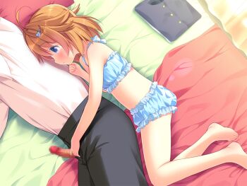 1boy 1girl ahoge bare_arms bare_legs bare_shoulders barefoot black_pants blonde_hair blue_camisole blue_eyes blue_shorts blush camisole censored chishima_mako closed_mouth erection game_cg hair_ornament heart heart_hair_ornament hetero jacket large_variant_set lying medium_hair mosaic_censoring non-web_source on_side pants penis penis_out pillow piyodera_mucha shirt short_shorts shorts soushisouai_lolita unworn_jacket variant_set white_shirt