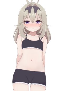1girl ahoge antenna_hair arms_behind_back bare_shoulders black_bow black_bra black_hairband black_panties black_shorts blush bow bra breasts closed_mouth collarbone cowboy_shot crossed_bangs flat_chest frilled_bra frilled_shorts frills grey_hair hair_between_eyes hair_bow hair_intakes hairband loli long_hair looking_at_viewer meitantei_precure! moke_(moke_dayo) moria_luluka navel nose_blush panties precure purple_eyes shorts simple_background small_breasts solo stomach underwear underwear_only white_background