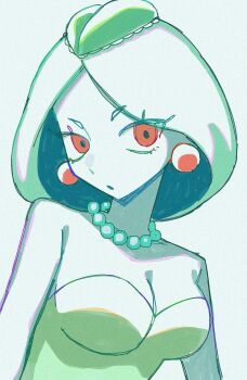 1girl bare_shoulders breasts cleavage colored_skin commentary_request earrings green_background green_hair green_skin highres jewelry large_breasts looking_at_viewer medusa_(omori) necklace omori parted_lips red_eyes short_hair simple_background solo upper_body yksm_oe