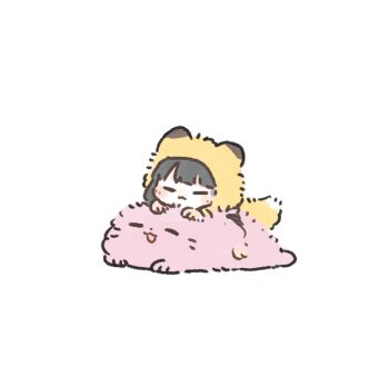 1girl :3 :d ^_^ animal_ears animal_hood animalization anyoji_hime ao_kaeru black_hair blunt_bangs blush closed_eyes commentary_request fluffy fox_ears fox_hood fox_tail highres holiday_holiday_(love_live!) holiday_holiday_(tenko)_(love_live!) hood link!_like!_love_live! love_live! lying_on_animal momose_ginko open_mouth seal_(animal) simple_background smile tail virtual_youtuber white_background