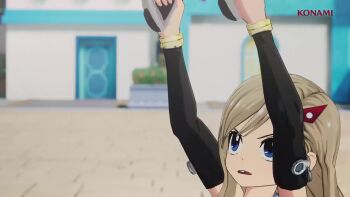 1girl 3d animated blonde_hair blue_eyes bouncing_breasts breasts cleavage detached_sleeves dual_wielding earrings eden's_zero gun hair_ornament hairclip highres holding holding_gun holding_weapon jewelry large_breasts long_hair looking_at_viewer necklace outdoors rebecca_bluegarden skirt solo tagme video weapon