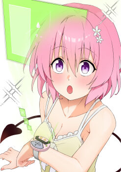 Rule 34 | 1girl, absurdres, breasts, camisole, cleavage, collarbone, commentary request, demon tail, flower, green camisole, hair flower, hair ornament, highres, holographic interface, ivu (eve0315y), momo velia deviluke, open mouth, pink hair, purple eyes, short hair, simple background, small breasts, solo, sparkle, tail, to love-ru, to love-ru darkness, upper body, watch, white background, wristwatch