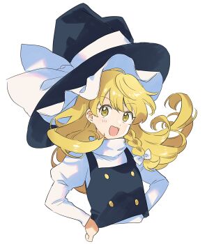 Rule 34 | 1girl, :d, black hat, black vest, blonde hair, bow, braid, buttons, commentary request, cropped torso, hair bow, hands on own hips, hat, hat bow, highres, juliet sleeves, kirisame marisa, light blush, long hair, long sleeves, natsume (menthol), open mouth, puffy sleeves, shirt, single braid, smile, solo, touhou, upper body, vest, white background, white bow, white shirt, witch hat, yellow eyes