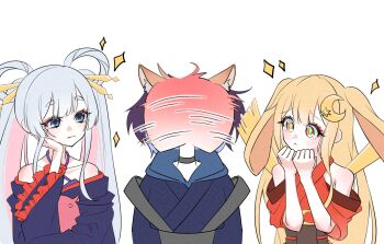 3girls :< afterimage animal_ears bare_shoulders black_choker blonde_hair blue_eyes cho_kaguya-hime! choker closed_mouth commentary_request crescent crescent_hair_ornament grey_hair hair_ornament hair_rings hair_stick hand_on_own_cheek hand_on_own_face hands_up highres japanese_clothes kaguya_(cho_kaguya-hime!) kimono long_hair looking_at_another lop_rabbit_ears multiple_girls purple_hair rabbit_ears red_kimono runami_yachiyo sakayori_iroha shaking_head short_hair smile spinning_head the_weaker_sex_1_(gibson) twintails upper_body white_background yu_g_yup yuri