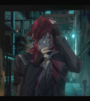 Rule 34 | 1boy, arm up, black border, black gloves, black jacket, blood, blood on face, border, cigarette, city, cleavage cutout, clothing cutout, derohrwurm12, feathers, fingerless gloves, gloves, green eyes, hair between eyes, hand on own head, hashtag-only commentary, highres, holding, holding cigarette, jacket, lamppost, lauren iroas, lauren iroas (1st costume), light particles, long hair, long sleeves, male focus, nijisanji, open clothes, open jacket, outdoors, ponytail, red hair, side ponytail, smoking, solo, upper body, virtual youtuber