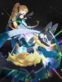 Rule 34 | 1girl, black background, black gloves, blonde hair, breasts, cynthia (pokemon), cynthia (sygna suit) (aura) (pokemon), gloves, highres, long hair, medium breasts, mega lucario z, nintendo, official alternate color, official alternate costume, open mouth, pokemon, pokemon (creature), pokemon masters ex, ponytail, sakaralalala, sleeveless, standing, teeth, upper teeth only, watermark, yellow eyes