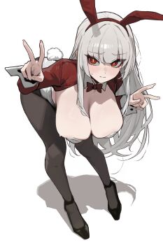 Rule 34 | 1girl, absurdres, albino, animal ear hairband, animal ears, bent over, black pantyhose, black shoes, blunt bangs, bow, bowtie, breasts, bright pupils, cleavage, closed mouth, commentary, detached collar, double v, embarrassed, fake animal ears, fake tail, furrowed brow, grey hair, habin (rusellunt), hairband, hanging breasts, highres, large breasts, leotard, light blush, long hair, looking at viewer, original, pantyhose, playboy bunny, rabbit ear hairband, rabbit ears, rabbit tail, red bow, red bowtie, red eyes, red shrug, rusellunt, shadow, shoes, shrug (clothing), simple background, solo, split mouth, standing, tail, v, very long hair, wavy mouth, white background, white leotard, white pupils, white wrist cuffs, wrist cuffs