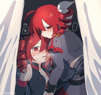 ... 2girls ^^^ black_shirt blush breath commentary curtains detached_sleeves drill_hair dual_persona grey_shirt grey_skirt highres kasane_teto kasane_teto_(sv) kasane_teto_(utau) looking_at_viewer multiple_girls open_clothes open_shirt parted_lips red_eyes red_hair salice_c selfcest shirt skirt sleeveless sleeveless_shirt spoken_ellipsis sweat translation_request twin_drills utau yuri