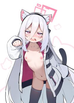 1girl animal_ears blue_archive breasts cat_ears commentary_request halo highres jacket kei_(blue_archive) kei_(new_body)_(blue_archive) loli long_hair navel nipples open_mouth painterliuhao paw_pose pink_halo rectangular_halo small_breasts solo tail thighhighs uncensored very_long_hair white_hair