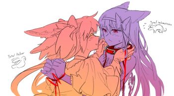 Rule 34 | 2girls, akemi homura, akuma homura, animal ears, avanes d, blush, bound, bound wrists, closed mouth, collar, commentary, dress, english text, hairband, kaname madoka, kemonomimi mode, leash, limited palette, long hair, mahou shoujo madoka magica, mahou shoujo madoka magica (anime), multiple girls, pink eyes, rabbit ears, red collar, simple background, smile, sweat, symbol-only commentary, ultimate madoka, white background, wolf ears, yuri