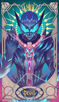 2boys armor black_armor blue_armor blue_eyes bodysuit card_(medium) demon demon_boy giganticbrush gloves hair_slicked_back highres kamen_rider kamen_rider_revi kamen_rider_revice male_focus mask mouth_mask multiple_boys pink_armor pointy_ears red_eyes revice_driver rex_genome rider_belt sharp_teeth short_hair spirit tarot tarot_(medium) teeth the_devil_(tarot) tokusatsu tyrannosaurus_rex upper_body vice_(kamen_rider_revice) vistamp white_hair