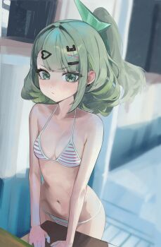 Rule 34 | 1girl, absurdres, apopo, bandaid, bandaid hair ornament, bare shoulders, bikini, blush, breasts, cleavage, closed mouth, collarbone, earrings, green eyes, green hair, hair intakes, hair ornament, hairpin, heart, heart earrings, highres, jewelry, long hair, looking at viewer, multiple hairclips, navel, one side up, pink bikini, small breasts, solo, striped bikini, striped clothes, sunna (zenless zone zero), swimsuit, zenless zone zero