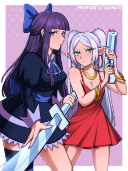 2girls absurdres backlace_(psg) black_dress blue_bow blue_bowtie blunt_bangs bow bowtie bracelet breasts cleavage cleavage_cutout clothing_cutout collar commentary cosplay cowboy_shot dress earrings elf english_commentary eyes_visible_through_hair fern_(sousou_no_frieren) frieren frills gold_bracelet gold_necklace gothic_lolita green_eyes grey_hair gun hair_bow highres holding holding_gun holding_sword holding_weapon hoop_earrings jewelry lace_trim lolita_fashion long_hair long_sleeves looking_to_the_side multiple_girls nail_polish necklace panty_&amp;_stocking_with_garterbelt panty_(psg) panty_(psg)_(cosplay) parted_bangs pink_background pointy_ears purple_eyes purple_hair purple_nails purple_pupils red_dress red_nails serious sideways_glance signature simple_background sousou_no_frieren stocking_(psg) stocking_(psg)_(cosplay) straight_hair striped_clothes striped_thighhighs sword tatjasng12 thighhighs weapon white_hair