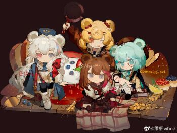 4girls ;p animal_ears aqua_hair arknights bear_ears bear_girl black_boots black_pants black_shoes black_skirt blonde_hair blue_coat blue_eyes blue_hat blue_necktie boots braid bread brown_hair brown_hat brown_sailor_collar brown_shirt brown_sweater candy_hair_ornament chinese_commentary closed_mouth coat coat_on_shoulders collared_shirt commentary_request commission dated deformed english_text expressionless food food-themed_hair_ornament fruit frying_pan fur-trimmed_boots fur-trimmed_jacket fur_trim gummy_(arknights) hair_ornament hat heterochromia highres holding holding_frying_pan istina_(arknights) jacket lemon lemon_slice long_hair medium_hair monocle monocle_chain multicolored_hair multiple_girls neckerchief necktie one_eye_closed orange_eyes pants pantyhose pleated_skirt red_eyes red_hair red_neckerchief red_pantyhose rosa_(arknights) sailor_collar sailor_shirt shirt shoes side_braid single_braid skirt smile socks star_(symbol) star_hair_ornament streaked_hair sweater thank_you tongue tongue_out vihua6 watermark weibo_watermark wheat white_boots white_hair white_jacket white_sailor_collar white_shirt white_socks zima_(arknights)