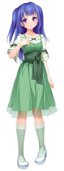Rule 34 | 1girl, blue hair, blunt bangs, blush, bow, casual, collarbone, dress, full body, game cg, green dress, green socks, kamitsurugi ouka, kneehighs, kouyoku senki exs-tia concert, large variant set, long hair, looking at viewer, mary janes, non-web source, official art, parted lips, pigeon-toed, purple eyes, sash, shoes, short sleeves, socks, solo, standing, sugahara mifuyu, tachi-e, transparent background, two side up, variant set
