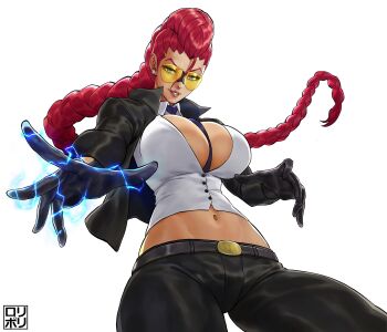 1girl between_breasts black_gloves black_jacket black_pants blue_eyes breasts cleavage crimson_viper electricity glasses gloves highres jacket jamrolypoly long_hair looking_at_viewer midriff necktie necktie_between_breasts pants ponytail red_hair shirt street_fighter street_fighter_iv_(series) white_shirt