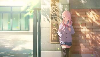 1other akiyama_mizuki black_thighhighs blue_skirt bow bowtie cardigan collared_shirt colorful_palette game_cg grey_cardigan hand_in_pocket highres holding holding_phone miniskirt official_art outdoors phone pink_bow pink_bowtie pink_eyes pink_hair plaid_clothes plaid_skirt pleated_skirt project_sekai school_uniform shirt side_ponytail sidelocks skirt solo thighhighs third-party_source tomoshibi_wo_teguri_yosete_(project_sekai) translation_request white_shirt