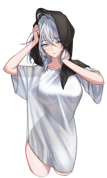 1girl blue_eyes closed_mouth covered_erect_nipples cowboy_shot drying drying_hair faust_(project_moon) hands_up highres limbus_company project_moon see-through_clothes see-through_shirt shirt short_hair short_sleeves simple_background smile solo towel white_background white_hair white_shirt zer0big1