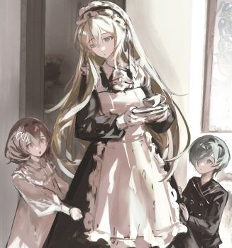 Rule 34 | 1boy, 2girls, :o, aged down, aigis (persona), alternate costume, alternate hair length, alternate hairstyle, apron, black dress, black shirt, blonde hair, blue eyes, blue hair, brown hair, clothes grab, commentary request, cup, dress, enmaided, feet out of frame, frilled hairband, frills, hair between eyes, hair ornament, hair over one eye, hairband, hairclip, highres, holding, holding plate, indoors, k1kiwa, long hair, long sleeves, looking at another, maid, maid apron, maid headdress, multiple girls, nightgown, one eye covered, pajamas, parted lips, persona, persona 3, persona 3 portable, pink dress, plate, plate stack, shiomi kotone, shirt, standing, teacup, white apron, yuuki makoto (persona 3)