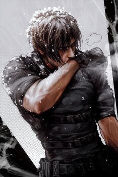 1boy belt belt_pouch black_belt black_shirt blood brown_hair buckle chest_belt commentary cowboy_shot english_commentary highres injury itssanlee leon_s._kennedy male_focus nosebleed pouch puff_of_air resident_evil resident_evil_requiem shirt short_sleeves snap-fit_buckle snow snowing solo veins veiny_arms wiping_face