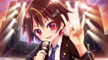 1girl \||/ bandou_mikuru black_suit blonde_streaks blue_necktie blush brown_hair close-up cloud concert dot_nose evening film_grain formal_clothes game_cg gradient_sky hair_ornament hairclip holding holding_microphone izumi_tsubasu jewelry long_sleeves looking_at_viewer microphone multicolored_hair necktie non-web_source official_art open_mouth orange_sky outdoors pinstripe_necktie pinstripe_pattern purple_sky re:stage! red_eyes ring screen shirt short_hair single_hair_streak sky smile solo sparkle stage stage_lights star_(symbol) streaked_hair striped_clothes suit upper_body vertical-striped_clothes vertical-striped_necktie white_shirt zipper