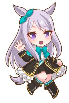 1girl animal_ears aqua_bow aqua_bowtie aqua_ribbon aqua_socks black_boots black_jacket black_skirt blush boots bow bowtie chibi chibi_only coat commentary_request dated_commentary ear_bow ear_ribbon frilled_coat frilled_jacket frills highres horse_ears horse_girl horse_tail jacket long_hair long_sleeves looking_at_viewer mejiro_mcqueen_(frontline_elegance)_(umamusume) mejiro_mcqueen_(umamusume) open_mouth otono_(bkt4b) pleated_skirt purple_eyes purple_hair ribbon shirt skirt smile socks solo striped_clothes striped_shirt tail umamusume