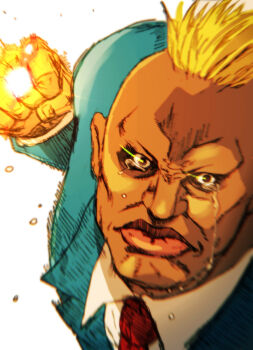 Rule 34 | 1boy, blazer, blonde hair, boman delgado, burning isaka, clenched hand, collared shirt, commentary request, crying, crying with eyes open, green jacket, highres, incoming attack, jacket, justice gakuen, light trail, long sleeves, looking at viewer, male focus, necktie, red necktie, shirt, short hair, simple background, solo, tears, upper body, white background, white shirt