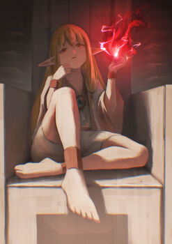 1girl absurdres barefoot cchan_tuka chair commentary_request crossed_legs elf frown full_body grey_shirt grey_shorts hands_up highres long_hair looking_at_viewer magic on_chair orange_hair parted_lips pointy_ears red_eyes serie_(sousou_no_frieren) shirt shorts sitting solo sousou_no_frieren three-quarter_sleeves wide_sleeves