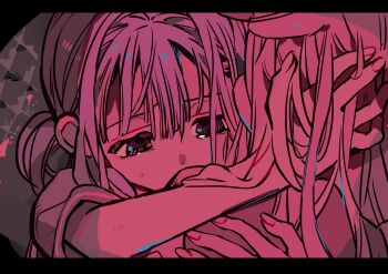2girls akane_aoi blonde_hair blue_hair commentary hair_rings hanoyuta highres hug jibaku_shounen_hanako-kun long_hair multiple_girls yashiro_nene
