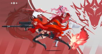 2girls :d absurdres anti-materiel_rifle armor ass backless_bodysuit barrett_m82a2 belt black_belt black_bow black_gloves black_jacket black_pants bodysuit boots bow breastplate breasts bullpup chinese_commentary cleavage clothing_cutout collar commentary_request cropped_jacket crossover crotch_plate double-parted_bangs fang fingerless_gloves gloves goddess_of_victory:_nikke grin gun hair_between_eyes hair_bow hair_flaps hairband han_sel high_heels highres hip_vent holding holding_gun holding_polearm holding_weapon horns jacket large_breasts leather leather_jacket leather_pants leg_cutout long_hair long_sleeves looking_at_viewer lupa_(wuthering_waves) mechanical_horns metal_collar metal_hairband midriff multiple_girls navel open_clothes open_jacket open_mouth pants pink_hair polearm red_hair red_hood_(nikke) red_jacket red_pupils red_sash red_scarf rifle sash scarf shadow sidelocks skindentation smile sniper_rifle standing standing_on_one_leg suspenders tail teeth trait_connection twintails unzipped very_long_hair weapon white_bodysuit white_boots wolf_tail wrist_guards wuthering_waves yellow_eyes