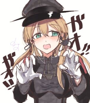 Rule 34 | 1girl, anchor hair ornament, blonde hair, camouflage, claw pose, commentary request, curled fingers, gloves, green eyes, hair ornament, hat, kantai collection, long hair, low twintails, lowres, military hat, military uniform, nishi no name, one-hour drawing challenge, peaked cap, prinz eugen (kancolle), solo, twintails, white gloves
