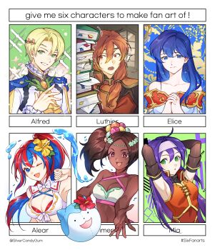 2boys 4girls :d :o ;d absurdres female_alear_(fire_emblem) alfred_(fire_emblem) armpits ascot bare_shoulders bikini blonde_hair blue_eyes blue_hair book book_stack breasts brown_hair character_ball character_name cleavage closed_mouth crossed_bangs dark-skinned_female dark_skin dress earrings elice_(fire_emblem) female_alear_(fire_emblem) female_alear_(seaside_dragon)_(fire_emblem) fire_emblem fire_emblem:_mystery_of_the_emblem fire_emblem:_path_of_radiance fire_emblem_echoes:_shadows_of_valentia fire_emblem_engage fire_emblem_heroes green_eyes hair_between_eyes hair_ornament hashtag-only_commentary highres holding holding_book interlocked_fingers jewelry large_breasts long_hair looking_at_viewer luthier_(fire_emblem) medium_breasts mia_(fire_emblem) multicolored_hair multiple_boys multiple_drawing_challenge multiple_girls nintendo off-shoulder_dress off_shoulder official_alternate_costume official_alternate_hairstyle one_eye_closed open_mouth orange_dress orange_eyes orange_hair own_hands_together ponytail purple_hair red_eyes red_hair short_hair silvercandy_gum six_fanarts_challenge smile sommie_(fire_emblem) star-shaped_pupils star_(symbol) sweatdrop swimsuit symbol-shaped_pupils teeth timerra_(fire_emblem) twitter_username two-tone_hair upper_body water white_dress yellow_ascot