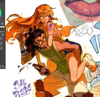1boy 1girl alexartxvi arm_tattoo art_program_in_frame black_hair blush bottle carrying commentary copyright_name green_shirt holding holding_bottle long_hair long_nose looking_to_the_side nami_(one_piece) one_piece orange_hair piggyback ponytail shirt shoes sleeveless sleeveless_shirt sneakers tattoo usopp