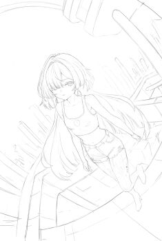 1girl alternate_costume bare_shoulders breasts collarbone commentary crop_top ddcc0123 dutch_angle earrings english_commentary eyes_visible_through_hair full_body hair_over_one_eye highres jewelry lineart looking_at_viewer medium_breasts mornye_(wuthering_waves) navel parted_lips see-through_body shorts sketch solo standing stomach tacet_mark_(wuthering_waves) triangle_earrings wuthering_waves