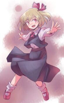 1girl :d ascot black_skirt black_vest blonde_hair blush brown_background collared_shirt commentary_request fang frilled_shirt_collar frills full_body grey_shirt grey_socks hair_ribbon legs_apart long_sleeves mary_janes one-hour_drawing_challenge open_mouth outstretched_arms outstretched_hand rangycrow red_ascot red_eyes red_ribbon red_shoes ribbon rumia shirt shoes short_hair side_ponytail skirt smile socks solo touhou vest