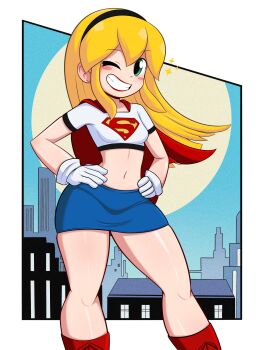 1girl blonde_hair blue_skirt blush_stickers boots border breasts cape city cowboy_shot crop_top full_moon green_eyes grin hands_on_own_hips kurokiart97 long_hair looking_at_viewer mega_man_(series) midriff moon navel night night_sky one_eye_closed red_boots red_cape red_lips roll_(mega_man) shiny_skin shirt skirt sky small_breasts smile solo standing supergirl_(cosplay) white_border white_shirt wink