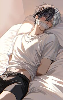 1boy arms_behind_back black_hair black_shorts blush cloth_gag gag gagged grey_eyes grey_hair heterochromia highres hyohls2_(hamao3o) improvised_gag male_focus midriff multicolored_hair navel open_clothes open_shirt sakura_haruka_(wind_breaker) shirt shorts solo stomach two-tone_hair white_hair white_shirt wind_breaker_(nii_satoru) yellow_eyes