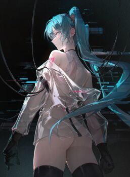 1girl absurdres aqua_eyes aqua_hair arm_tattoo black_gloves closed_mouth commentary cowboy_shot from_behind glitch gloves hatsune_miku highres jacket kkamiiz long_hair number_tattoo off_shoulder panties profile see-through_clothes see-through_jacket solo tattoo twintails underwear very_long_hair vocaloid white_panties