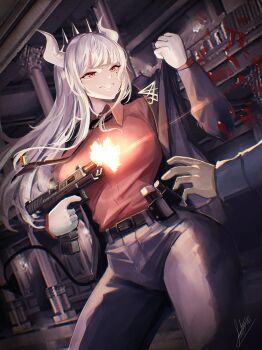 1girl arktic belt black_belt black_necktie black_pants blood breasts collared_shirt firing gloves gun helltaker highres holding holding_gun holding_weapon horns large_breasts long_hair lucifer_(helltaker) mole mole_under_eye necktie pants red_eyes red_shirt shirt signature smile weapon white_gloves white_hair white_horns