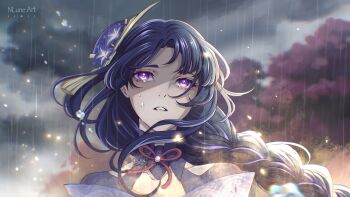 1girl absurdres armor artist_name blunt_bangs blurry blurry_background braid clothing_cutout cloud cloudy_sky collarbone commentary english_commentary fan_hair_ornament genshin_impact glowing glowing_eyes grey_background grey_sky hair_ornament head_tilt highres japanese_clothes kimono long_braid long_hair looking_at_viewer mole mole_under_eye multicolored_hair n_lune_art neck_ribbon off_shoulder outdoors parted_lips purple_eyes purple_hair purple_kimono raiden_shogun rain red_ribbon ribbon shaded_face shoulder_armor shoulder_cutout single_braid sky solo standing storm streaked_hair teeth tree upper_body water_drop watermark